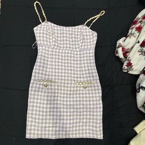 Guess Lilac and White Plaid Mini Dress with Gold Chain Straps